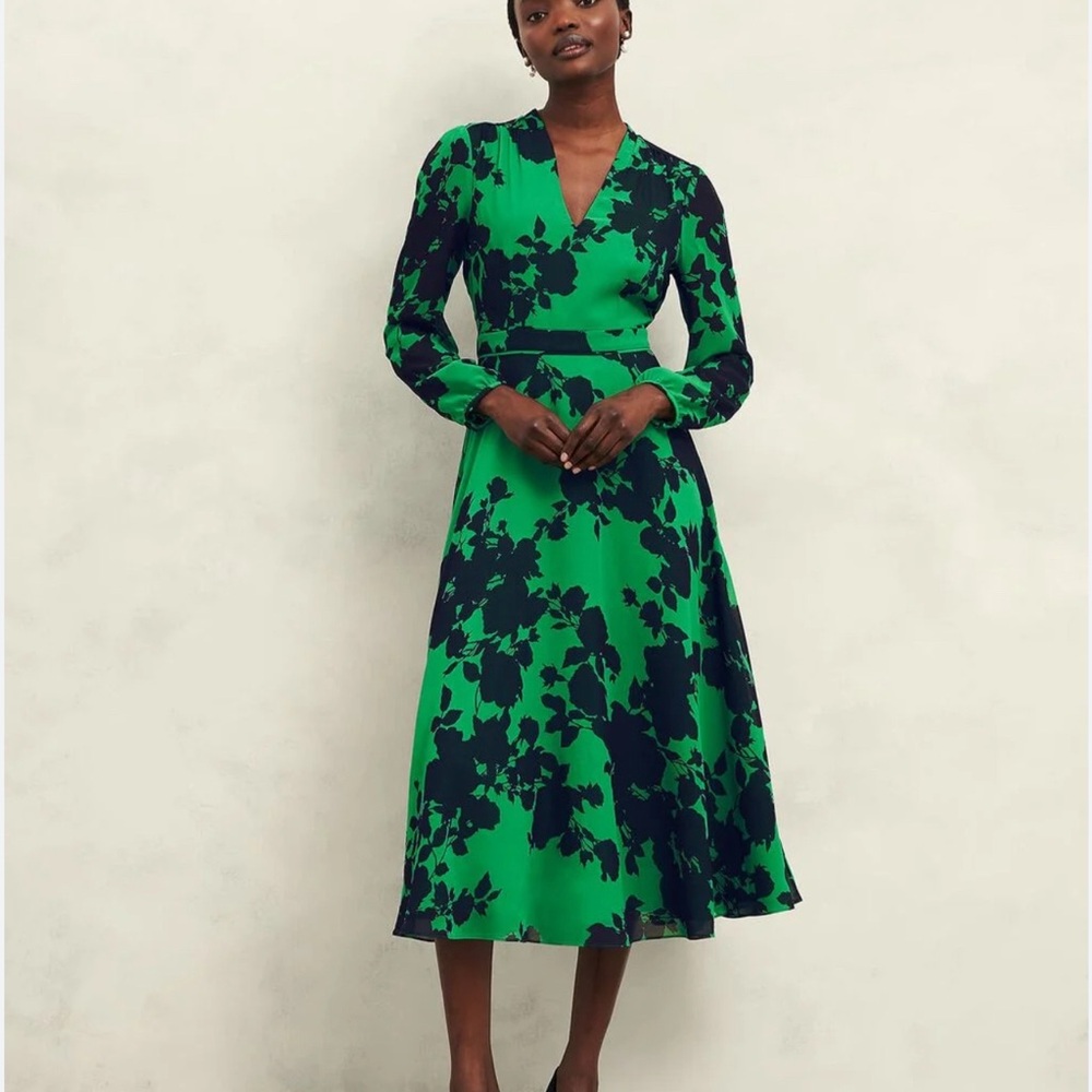 Hobbs Aurora Midi Emerald Green and Navy Floral Dress - NEW